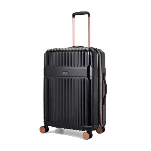 Image of Rock Selene Medium Expandable Hard Shell Hold Suitcase in Black - Elegant Design, 360 Swivel-Wheels, Telescopic Handle, Metallic Finish, Copper Accents & TSA Combination Lock - 66x45x31cm 3.9KG