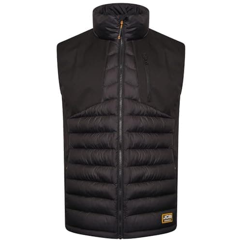 Image of JCB - Trade Black Workwear Hybrid Padded Gilet - Water Resistant Fabric - Softshell Lining, Functional Pockets, Polyester Padding & Full Front Zip - Size XXL
