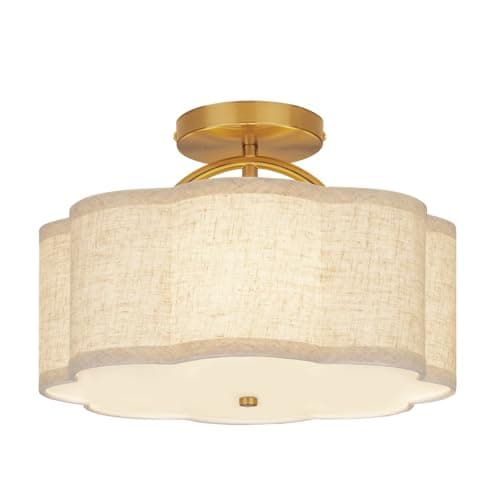 Image of CALOKES Semi Flush Mount Ceiling Light Fixture, Modern 3-Light Chandelier with Cloud-Shaped Cream White Fabric Shade and Golden Arm, Ideal for Bedroom, Kitchen, Living Room and Entryway