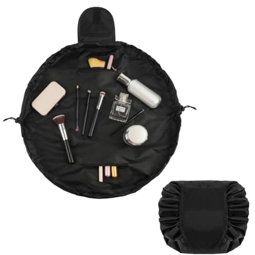 Image of URAQT Lay Flat Drawstring Makeup Bag, Large-Capacity Travel Cosmetic Pouch, Portable Quick Pack Lazy Drawstring Make Up Bag for Daily Use, Magic Cosmetic Bag with Small Pocket for Women, Black