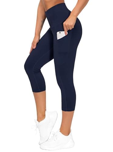 Image of THE GYM PEOPLE Women's High Waistd Capri 3/4 Length Yoga Leggings with Pockets,Tummy Control Yoga Pants for Ladies Sports RunningNavy Blue, M