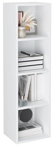 Image of Bookcase 4 Tier Cube Storage Bookshelf shelving Display Storage unit Tall Freestanding Open Narrow Book Shelf for Office, Living Room, Bedroom, Furniture, White H106 x W30 x D24 cm