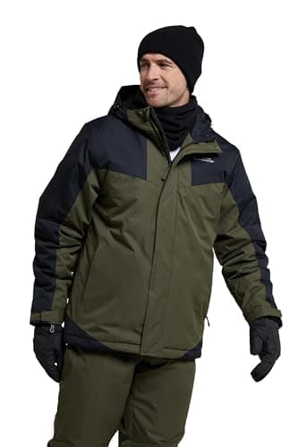 Image of Mountain Warehouse Dusk Mens Ski Jacket - Water Resistant Fleece Lined Rain Coat with Snow Skirt, Adjustable Hood & Cuffs - For Skiing, Snowboarding & Outdoors Dark Khaki L