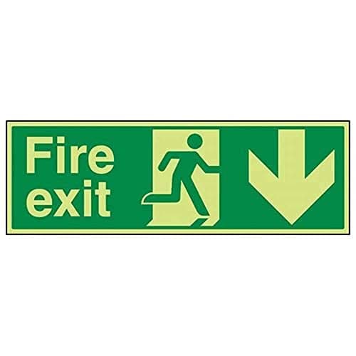 Image of V Safety 14002BJ-GS Glow In The Dark Fire Exit Arrow Down Sign - 450mm x 150mm - Self Adhesive Vinyl