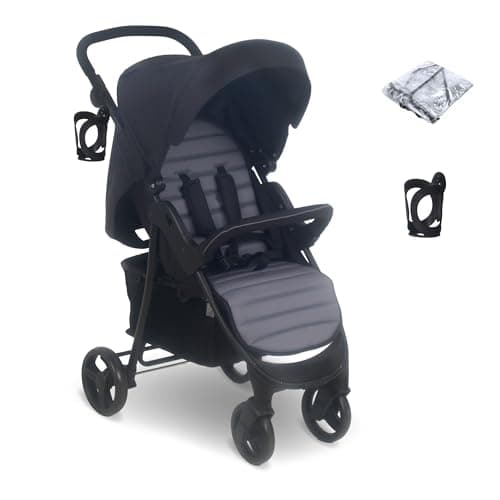 Image of My Babiie MB30 Pushchair – from Birth to 4 Years (22kg), Easy Compact Fold, Large Shopping Basket, Adjustable Handle, Stroller Includes Cup Holder, Rain Cover – Black & Grey