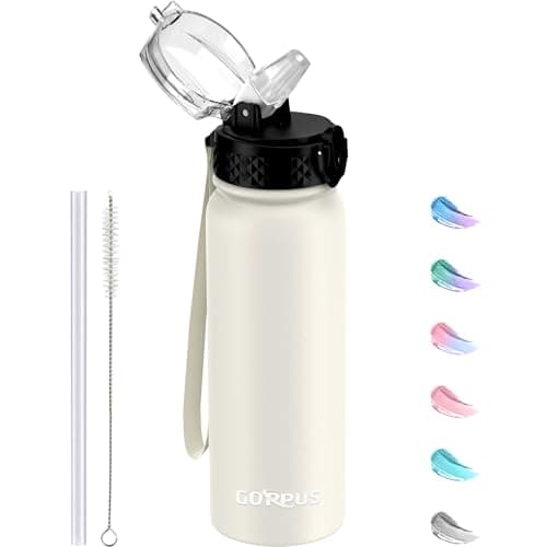 Image of GOPPUS 600ml/20oz Stainless Water Bottle with Straw Double Wall Insulated Bottles with Strap One Hand Open Vacuum Thermal Flask Leakproof Keep Cold Bottles with Flip Top Lid BPA Free (Beige)