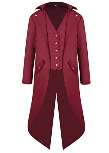 Image of Sangdut Medieval Halloween Tailcoat Jacket Costumes for Men, Gothic Victorian Frock Coat Uniform, Adult Steampunk Victorian Renaissance Cosplay Outfits (Red, XXXL)