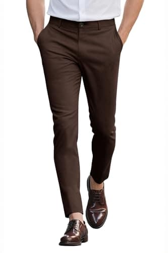 Image of GINGTTO Chinos Trousers Men Slim Fit Stretch Smart Pants for Men Formal Elegant Trouser Brown 34