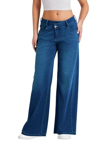 Image of LaiEr Large Wide Leg Jeans for Women, Unique Zipper Waist Design, Straight Cut, Loose fit, Suitable for Casual, Yoga, Fitness High Elasticity Denim Pants.(Dark BlueXL)