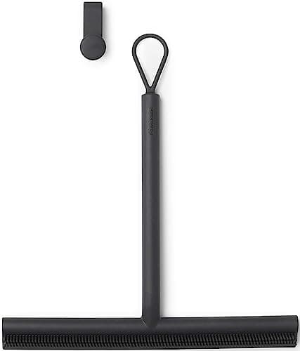 Image of Brabantia Silicone Shower Squeegee with Hook (Dark Grey) Anti Streak Cleaning Wiper for Bathroom Glass, Plastic, Tile - Doublesided Brush & Rim Design