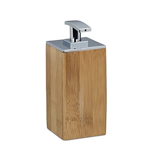 Image of Relaxdays Bamboo Soap Dispenser, Refillable, Square, Size: 17 x 7 x 7 cm, Lotion Dispenser, 225 ml, Wood, Natural