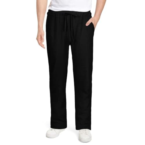 Image of AUYAO Men Linen Trousers, Men Long Summer Casual Loose Lightweight Breathable Pants, Man's Lounge Beach Pants with Elastic Waistband, Workout Running Jogging Drawstring Linen Trousers for Man(Black-L)