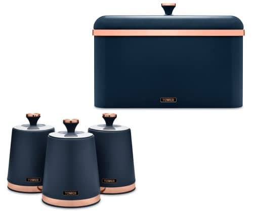 Image of Tower Cavaletto Modern & Contemporary Bread Bin and Set of 3 Tea, Coffee & Sugar Canisters. Kitchen Storage Set in Stylish Midnight Blue finish with Elegant Rose Gold Accents
