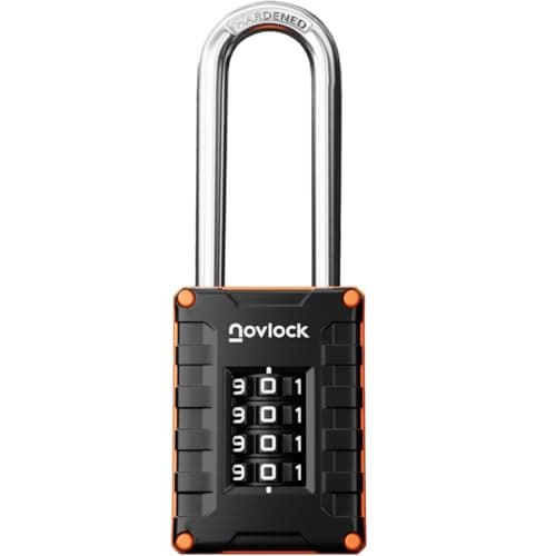 Image of NOVLOCK 2.76" (7 cm) Long Shackle Combination Padlock – Extra Long, Hardened Steel – 4-Digit Code Lock for Lockers, Cabinets, Storage, Fences, Gates & Sheds – 1-Pack, Black/Orange