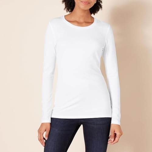 Image of Amazon Essentials Women's Regular-Fit Long-Sleeve Crewneck T-Shirt (Available in Plus Size), White, M