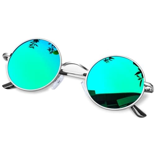 Image of KANASTAL Green Round Sunglasses Mirrored Womens Mens Polarised Vintage Large Mirror Circle Lens Hippie Style Retro Metal Frame UV - Silver Frame Green Lens