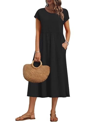 Image of AUSELILY Women's Summer Short Sleeve Midi Dresses A-line Shift Loose Dress with Pockets, Black L