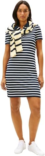 Image of Tommy Hilfiger Women's 1985 Slim Pique Polo Dress SS WW0WW43228 Polo Dress, Blue (Dark Night Navy/Ecru STP), M