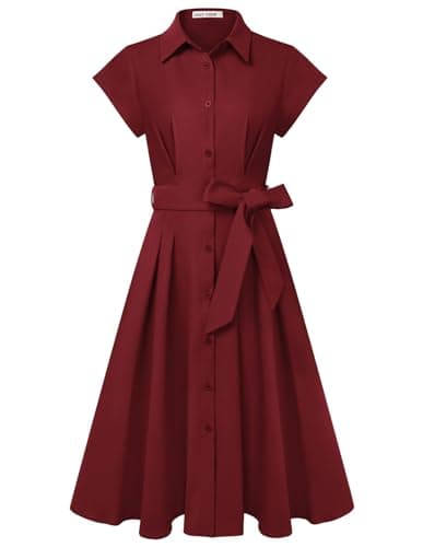 Image of GRACE KARIN Women's Short Sleeve A-Line Midi Dresses Elegant Lapel Neck Buttons Tie Waist Shirt Dress for Work Wedding Dark red M