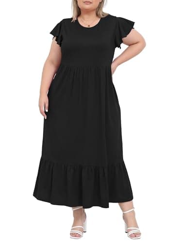 Image of Moon Wood Summer Dresses for Women Crew Neck Ruffle Sleeve Curvy Long Dress with Pockets Black L