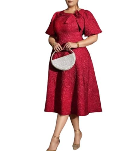 Image of ONTINVA Womens Floral Jacquard Flared Midi Dress Puff Sleeve Valentine Cocotail Formal Party Work A-Line Vintage Dresses (Red,XXL)