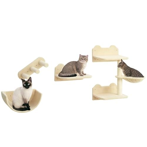 Image of PawHut 4PCs Wall Mounted Cat Tree Cat Wall Shelves Furniture Climbing Shelf Set Kitten Activity Centre with Hammock, Scratching Post - Beige