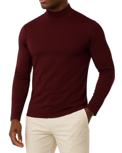 Image of MLANM Mens Turtleneck Jumper Long Sleeve Shirt Winter Sweater Solid Color Tops Mens Thermal Baselayer Top - Combed Cotton Sweater, Breathable, Quick Drying & Fitted Sleeves, Wine Red M
