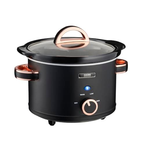 Image of Cooks Professional Slow Cooker 2.5 Litre with Glass Lid, Cool Touch Handles, Dishwasher Safe Bowl, 2 Heat Settings & Keep Warm Function | Small Mini One Pot Cooking Machine | Black & Rose Gold