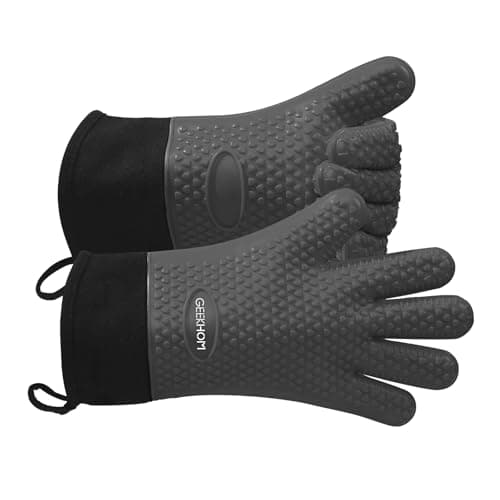 Image of GEEKHOM Silicone Oven Gloves Heat Resistant Silicone Oven Mitts BBQ Gloves Waterproof Kitchen Gloves for Barbecue Grilling Weber Microwave, Non-Slip Oven Gloves with Fingers, Grey