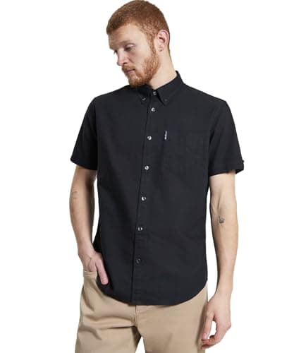 Image of Ben Sherman Men's Button-Down Collar Signature Oxford Shirt, Tab Logo Pocket, Short Sleeved, Regular Fit (Black.) XXL
