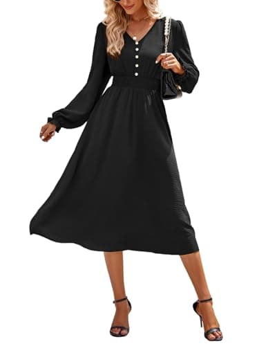 Image of MAYFASEY Women's Spring Autumn Pleated Dress Long Sleeve A Line Elastic Waist Maxi Dresses Casual Loose Midi Dress with Button, Black, S