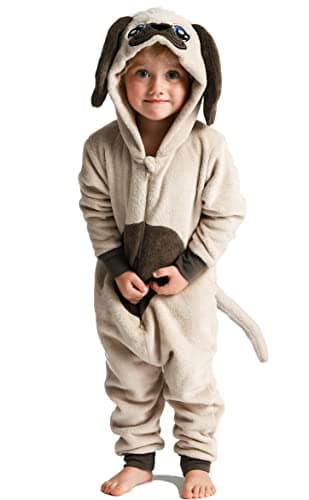 Image of Wunsy Onesie Pyjamas for Boys or Girls Fluffy Pug Dog with Tail -Animal AllinOnes in Kids Age 2-3 Years B PUG
