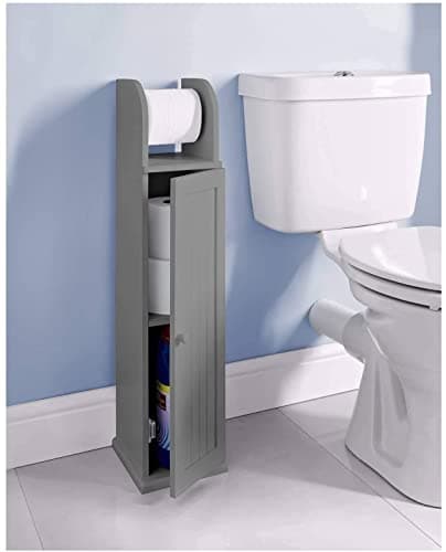 Image of Homme Concept - Free standing Grey wooden Toilet Paper Roll Holder with Shelf, Bathroom Storage Tissue Organizer