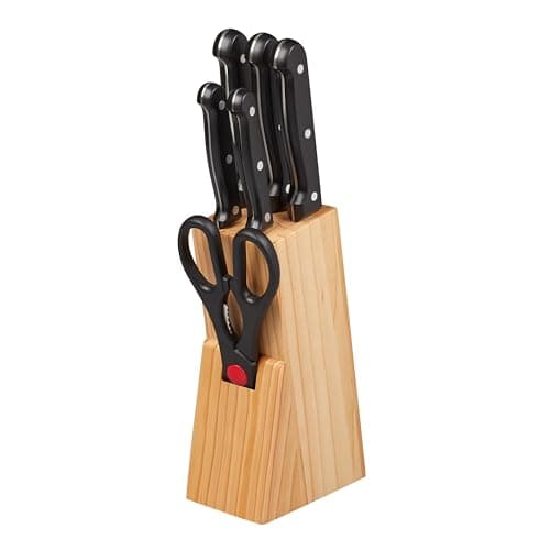 Image of Chef Aid 7 Piece Knife Block Set, Pinewood Knife Block with 5 Kitchen Knives and All-Purpose Scissors, All with Shaped Grip Handles