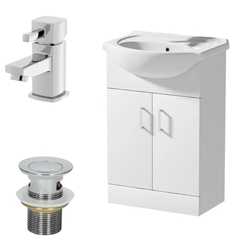 Image of Affine® 560mm Bathroom Vanity Unit Ceramic Sink Floorstanding Storage Cabinet Cupboard & Misa Basin Tap & Waste Set, White Gloss
