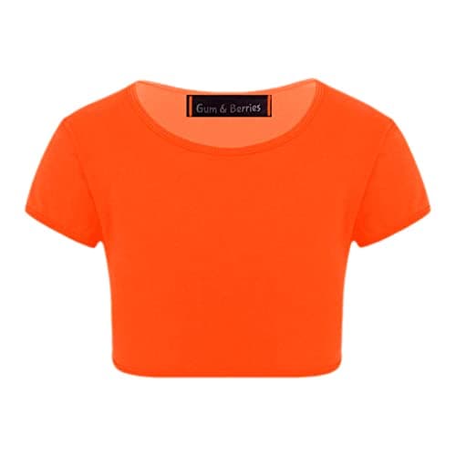 Image of Kids Girls Neon Fluorescent Plain Short Sleeve Crop Tops T-Shirt Tee Top Dance Wear Gymnastic Fancy Dress Colour: Neon Orange - Size: 5-6 Years