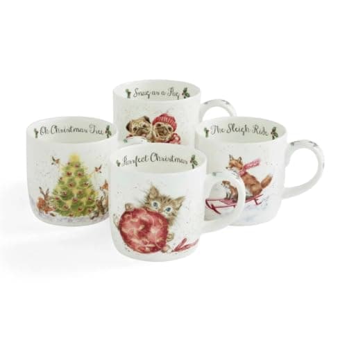 Image of Wrendale Designs Fine China Christmas Mugs, 8x12 cm, Animal Illustrations, Festive Theme, Set of 4, Royal Worcester Collection, Kitchen and Dining