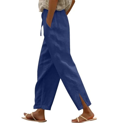 Image of MINTLIMIT Linen Pants for Women High Waist Elastic Straight Leg Lounge Pant 2025 Summer Casual Loose Lightweight Beach Trousers Royal Blue