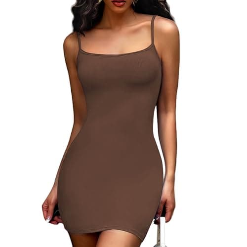Image of Joyshaper Women Sleeveless Bodycon Dresses Sexy Mini Dress Spaghetti Strap Cami Tight Short Sundress Ladies Summer Lounge Dress Brown,S