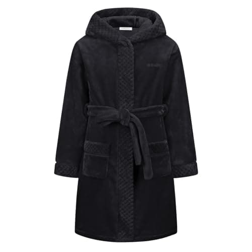 Image of BuyiRen Boys Girls Dressing Gown Kids Robes - Flannel Hooded Robe Loungewear, Black, 10-12 Years