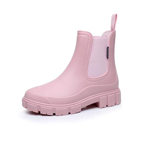 Image of DRECAGE Wellies Boots Women Waterproof Short Chelsea Fashion Ladies Comfortable Rain Boots Outdoors Garden Walking Pink 4 UK