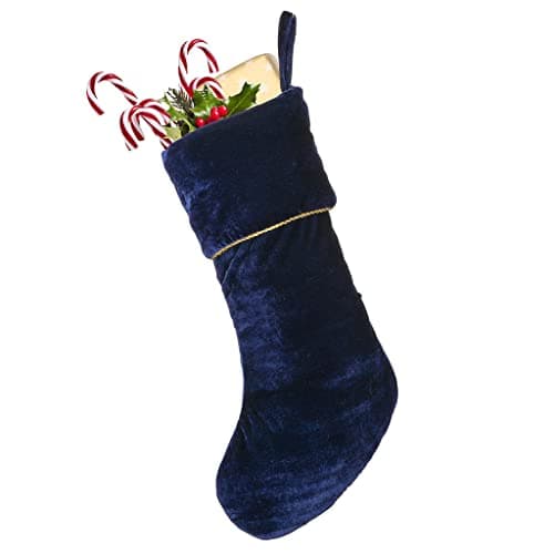 Image of Dibor Christmas Stocking Blue Velvet Gold Braided Traditional Gift Present Stocking - H36cm