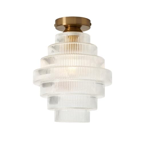 Image of LITECRAFT Louisa Flush Mounted Ribbed Tiered Glass Ceiling 1 Light - Satin Brass
