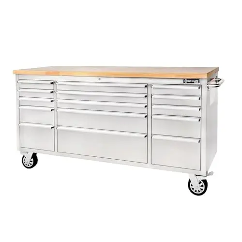 Image of Ultimate Storage Stainless Steel Tool Chest on Wheels - 72″ - 15 Drawer Roller Cabinet with Hardwood Worktop, Full Extension Lockable Drawers, Heavy-Duty Castors - W 1,830 x D 467 x H 952mm