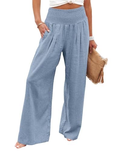 Image of KISSMODA Elastic Waist Palazzo Pants for Women Long Wide Legged Lounge Trousers Chic Casual Beach Pants A-Blue