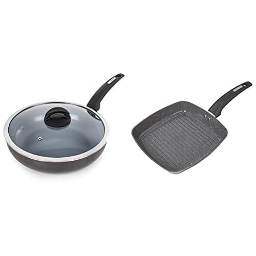 Image of Tower Cerasure Induction Saute Pan With Lid, Non Stick Ceramic Coating, Aluminium, Graphite, 28 cm & Cerastone Induction Grill Pan, Non Stick Ceramic Coating, Easy to Clean, Graphite, 25 cm
