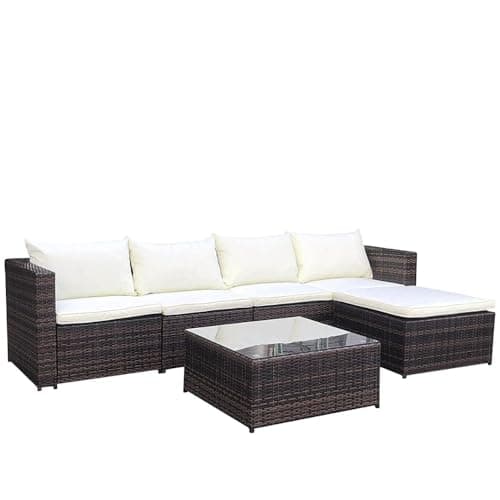 Image of EVRE Miami Brown Outdoor Rattan Garden Furniture Set for Patio Conservatories with 5 seat Modular Sofa Glass Top Coffee Table Foot Stool Cushions and Fade Resistance