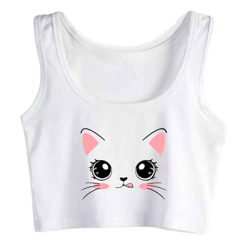Image of Cat Kitty Sleeveless Vest Woman Crop Top Cotton Tank Top White
