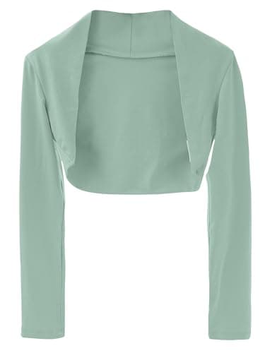 Image of Girls Long Sleeve Dance Bolero Shrug Ballet Cardigan Sweater Dress Cover Up with Thumb Holes Kids Open Front Ballerina Crop Top Green 7-8 Years