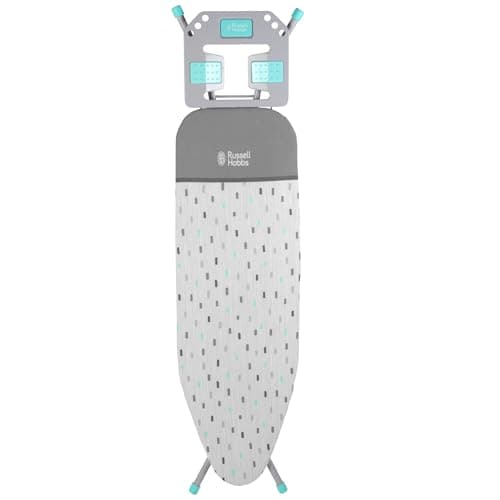 Image of Russell Hobbs LA083234AQUA2FEU7 Collapsible Ironing Board – Foldable Ironing Table, Thick Felt Underlay with Stylish Cotton Cover, 7 Height Positions, Large Iron Rest with Hanger Holes, Non-Slip Feet